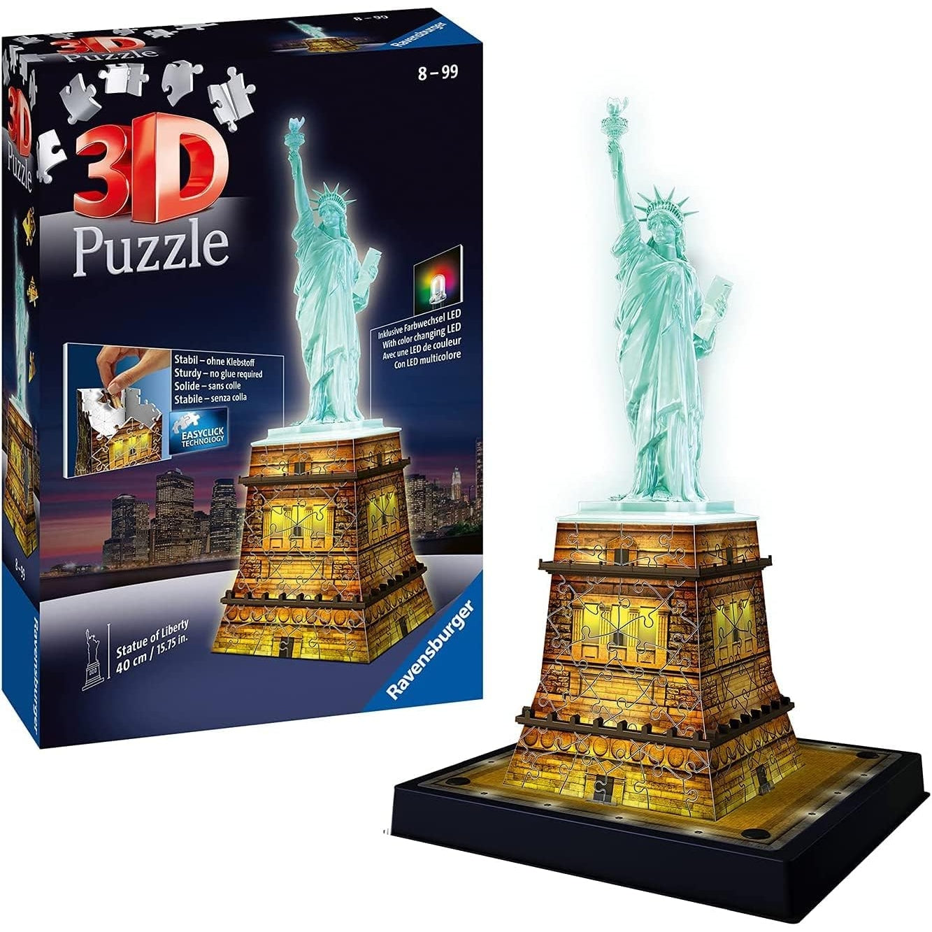 Ravensburger 3D Puzzle Freiheitsstatue bei Nacht 12596 - Das berühmte Bauwerk in New York als Night Edition mit LED