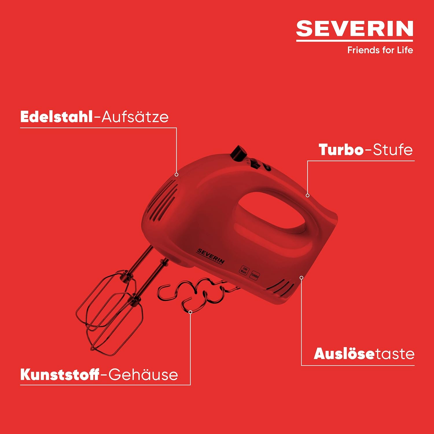 SEVERIN Handmixer Handrührgerät mit 5 Geschwindigkeitsstufen 2 Edelstahl-Rührbesen und -Knethaken