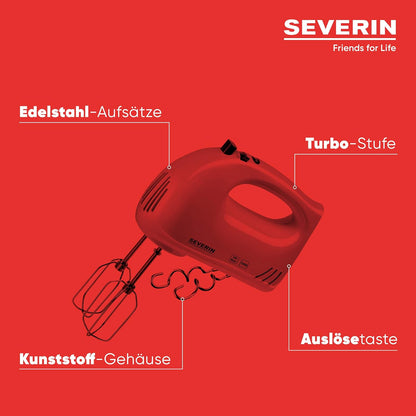 SEVERIN Handmixer Handrührgerät mit 5 Geschwindigkeitsstufen 2 Edelstahl-Rührbesen und -Knethaken