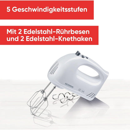 SEVERIN Handmixer Handrührgerät mit 5 Geschwindigkeitsstufen 2 Edelstahl-Rührbesen und -Knethaken