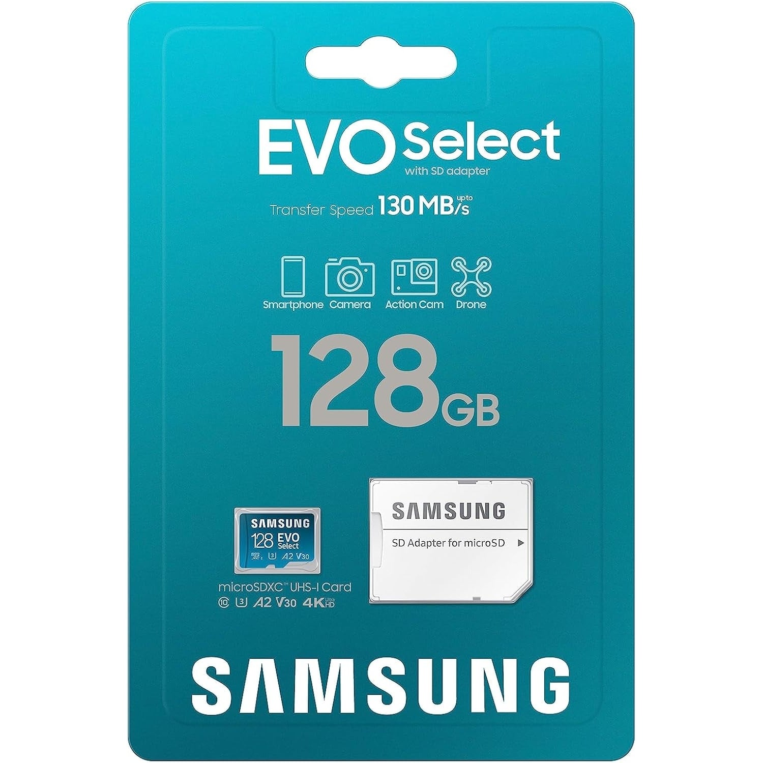 Samsung EVO Select microSD-Karte, 128 GB, UHS-I U3, Full HD, 130 MB/s Lesen, Speicherkarte