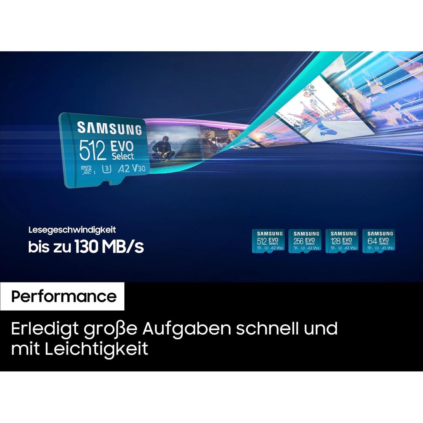 Samsung EVO Select microSD-Karte, 128 GB, UHS-I U3, Full HD, 130 MB/s Lesen, Speicherkarte