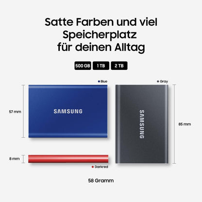 Samsung Portable SSD T7, 500 GB, USB 3.2 Gen.2, 1.050 MB/s Lesen, 1.000 MB/s Schreiben, Externe SSD Festplatte