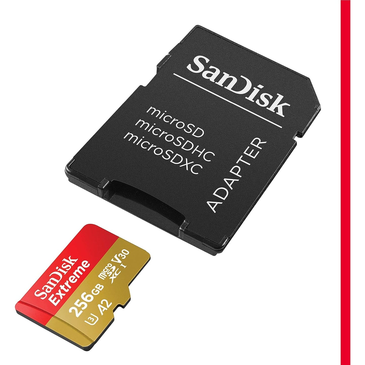 SanDisk Extreme 256 GB microSDXC Memory Card + SD Adapter Up to 160 MB/s, Class 10, UHS-I, U3, V30, Red/Gold