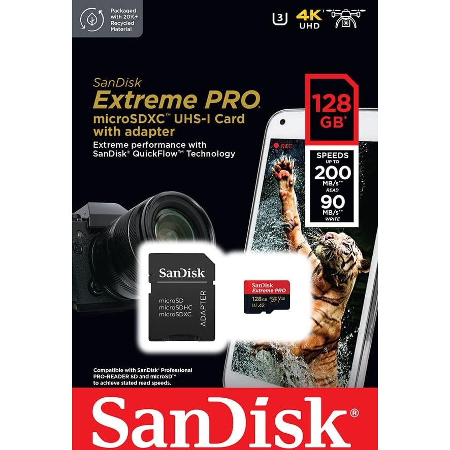 SanDisk Extreme PRO microSDXC UHS-I Speicherkarte 128 GB + Adapter A2, Class 10, V30, U3, 200 MB/s Übertragung