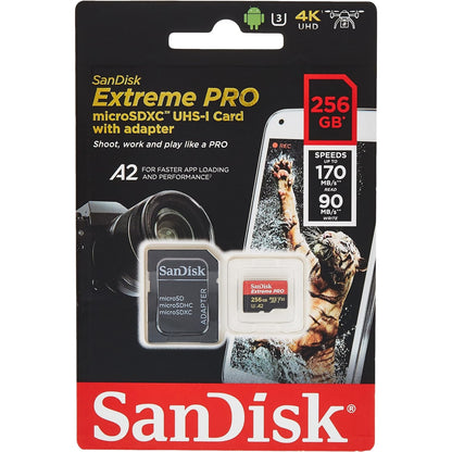 SanDisk Extreme Pro 256 GB microSDXC Memory Card + SD Adapter 170 MB/s Class 10, UHS-I, U3, V30