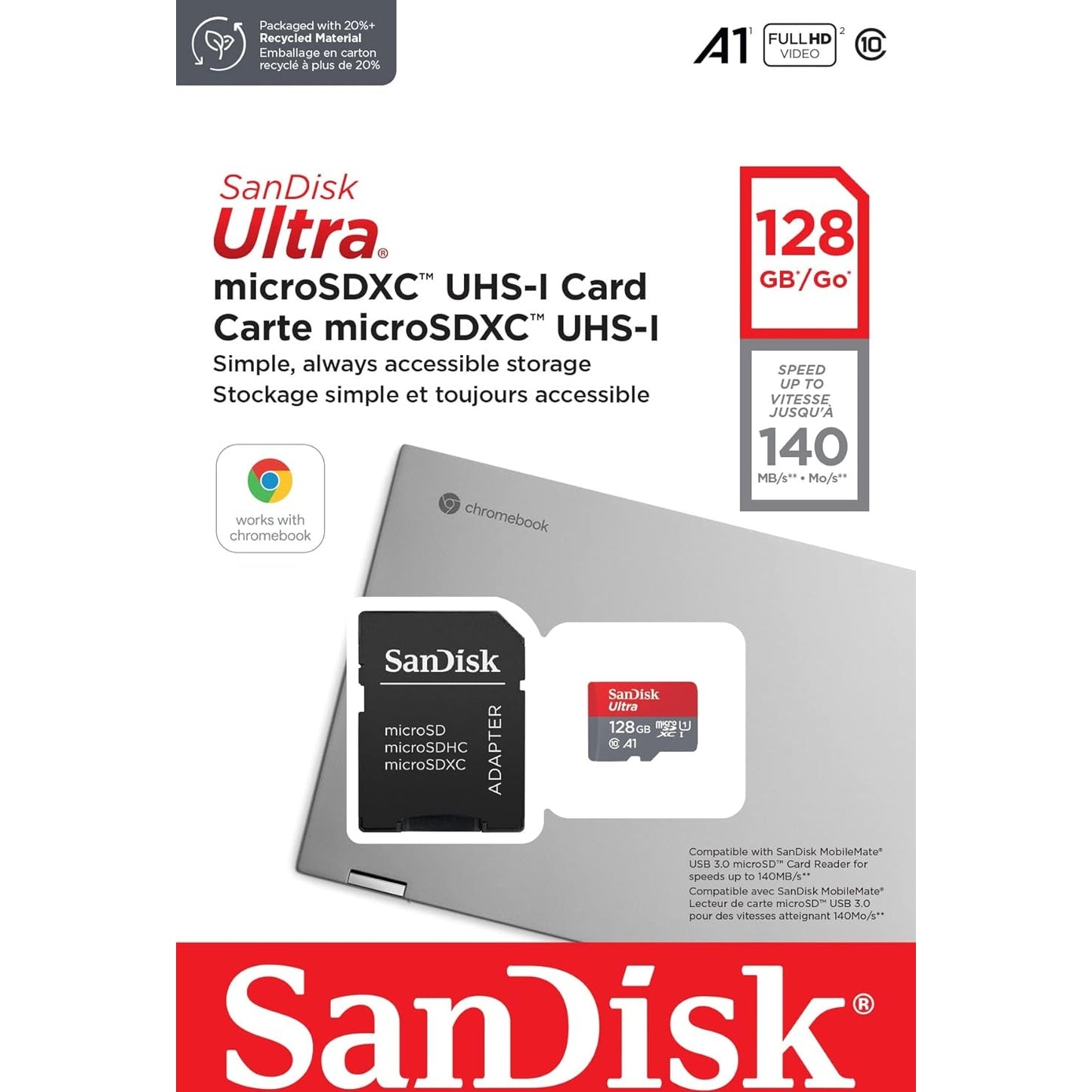 SanDisk Ultra 128 GB microSDXC UHS-I-Karte für Chromebook mit SD-Adapter A1, Class 10, U1, Full HD-Videos