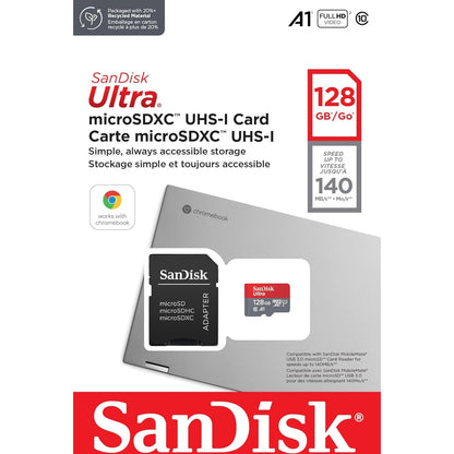 SanDisk Ultra 128 GB microSDXC UHS-I-Karte für Chromebook mit SD-Adapter A1, Class 10, U1, Full HD-Videos