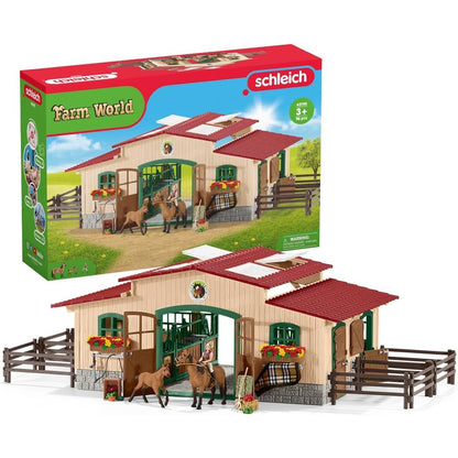 Schleich 42195 Pferdestall mit Pferden und Zubehör, ab 3 Jahren, FARM WORLD - Spielset, 48 Teile