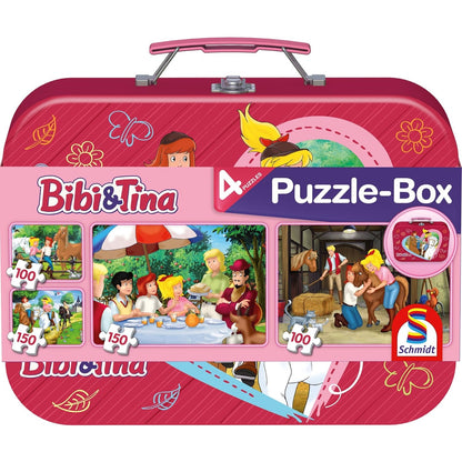 Schmidt Spiele 56509 Bibi und Tina, 4 Kinderpuzzle im Metallkoffer, 2x100 und 2x150 Teile