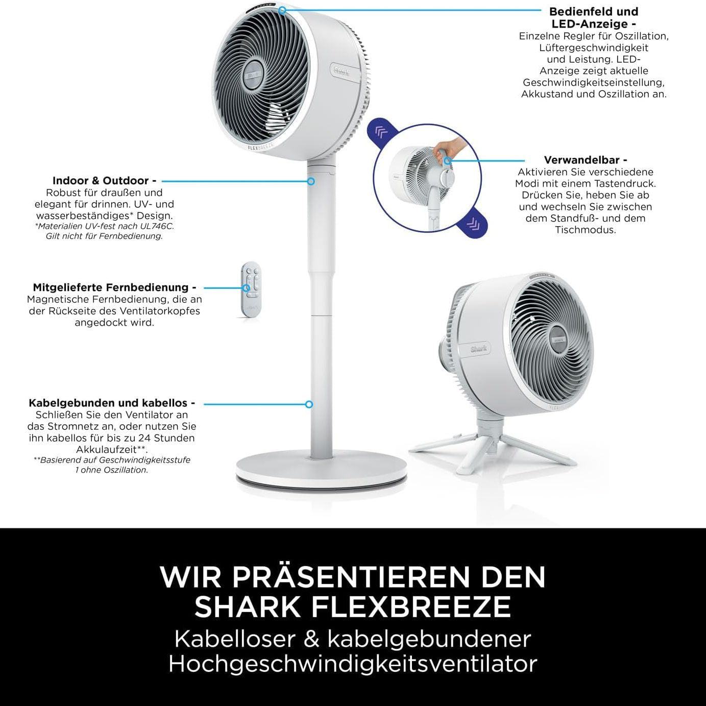 Shark FlexBreeze Hybrid Ventilator Leise, Kabelgebunden & Kabellos Innen- und Außenbereich