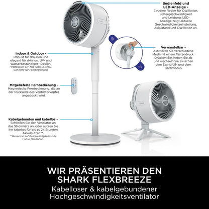 Shark FlexBreeze Hybrid Ventilator Leise, Kabelgebunden & Kabellos Innen- und Außenbereich