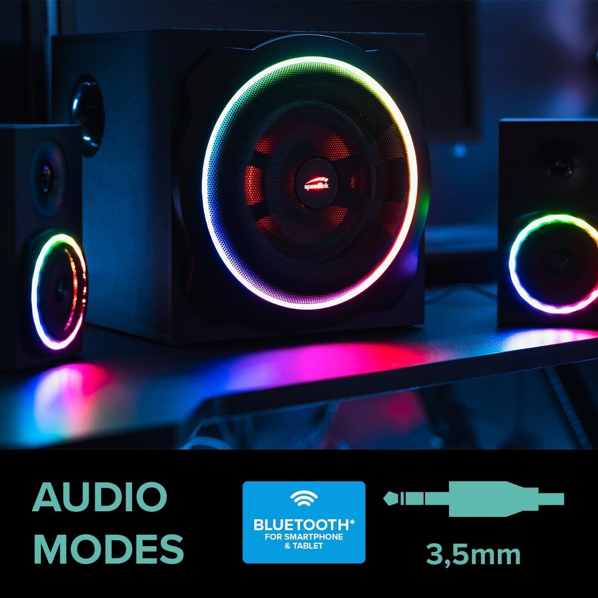 Speedlink GRAVITY CARBON RGB PC Lautsprecher 2.1 Soundsystem Bluetooth - mit Subwoofer aus Holz