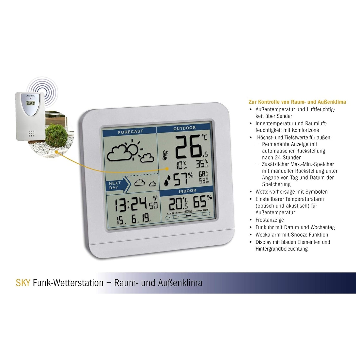 TFA Dostmann SKY Funk-Wetterstation mit Außensensor Wettervorhersage Funkuhr innen und außen