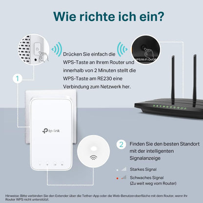 TP-Link RE230 WLAN Verstärker Repeater AC750 (433MBit/s 5GHz + 300MBit/s 2,4GHz, App Steuerung) weiß