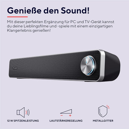 Trust Arys Soundbar, PC Lautsprecher, USB Betrieb, 12 W Spitzenleistung, Computer Boxen