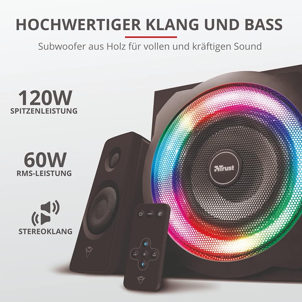 Trust Gaming GXT 629 Tytan 2.1 PC Lautsprecher mit Subwoofer, 120 W, 3,5 mm AUX Klinke RGB LED Beleuchtung