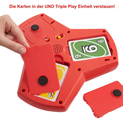 UNO Triple Play - Kartenspiel mit Licht- und Soundeffekten für dreifachen Spielspaß, inklusive Timer-Modus und LED